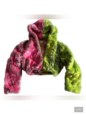 SPVCE ISLAND Vibrant Pink and Green raver Faux Fur cropped Jacket